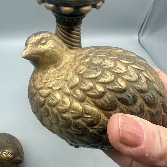 Primitive candlestick with lace dollie, 2 ceramic quail decor - Picture 9 of 15